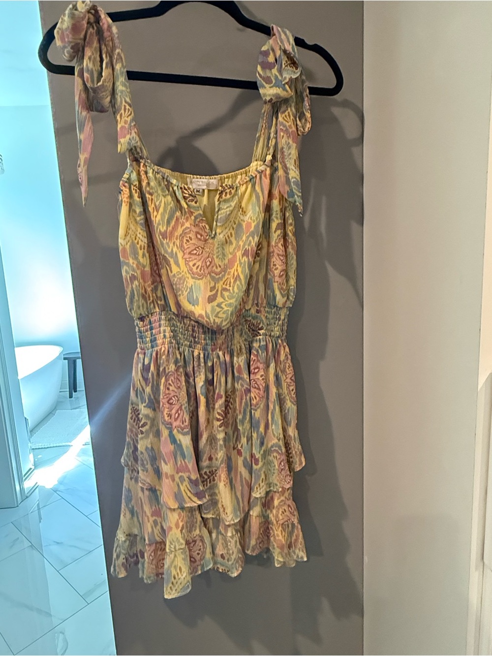 Ramy Brook Pastel Yellow Floral Tie-Shoulder Ruffle Mini Dress